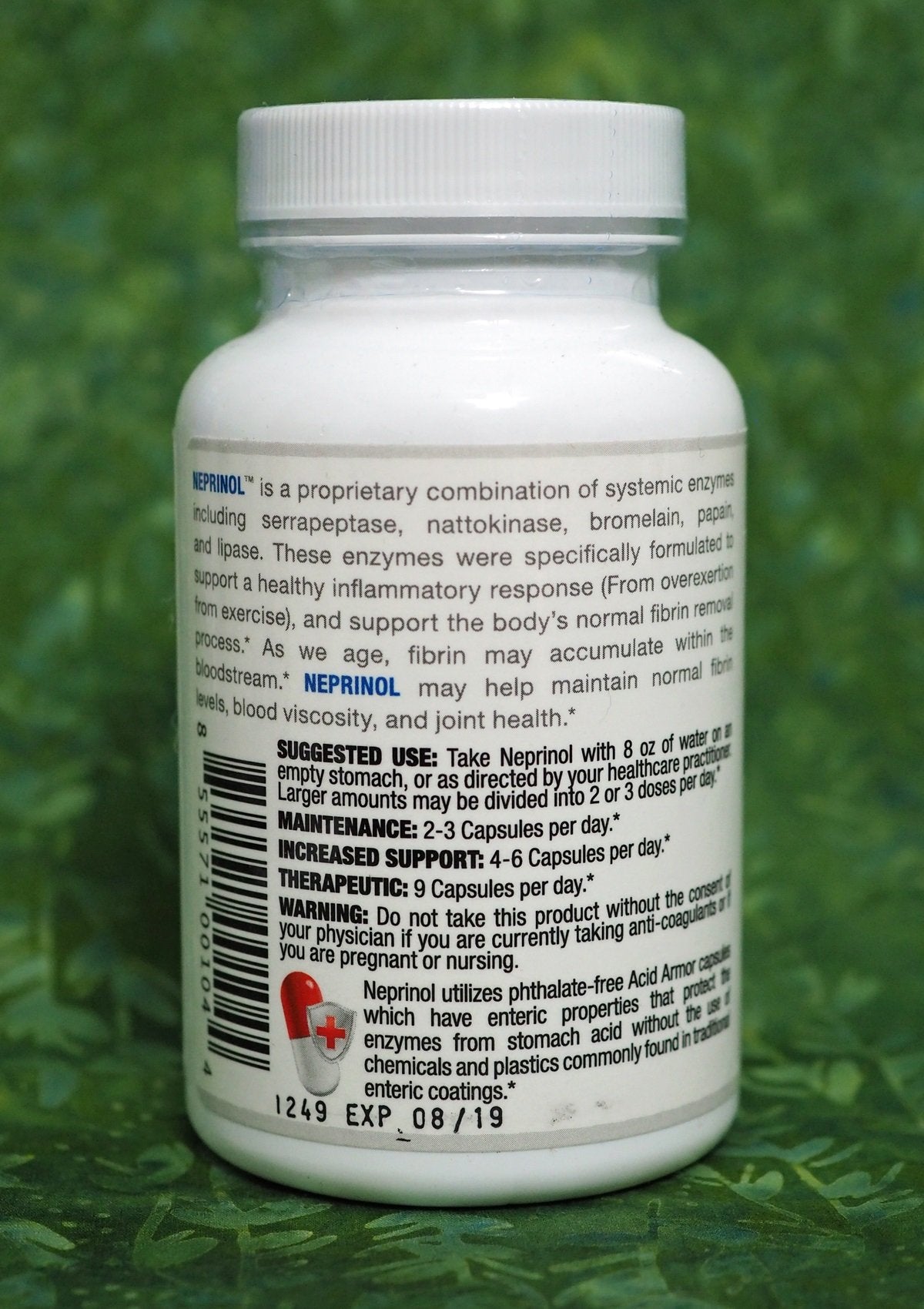 Neprinol contains soil-based probiotics, prebiotics and systemic enzymes. As we age, our natural enzyme production decreases. Enzymes play a key role in digestion, circulation, and fibrin control in the body.