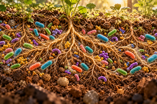 Illustration of plant roots growing through soil among colorful microorganisms.