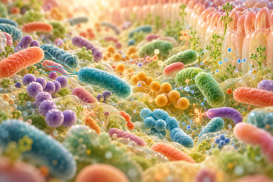 Colorful illustration of gut bacteria interacting with one another near the intestinal lining.